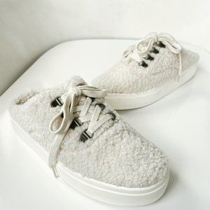 LUCKY BRAND Tolini Stucco Off White Faux Shearling Platform Sneaker Mules